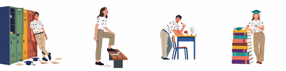 Obraz premium Diverse set of students celebrating graduation day in various school scenes, featuring signed shirts, books, and lockers in a flat illustration style.