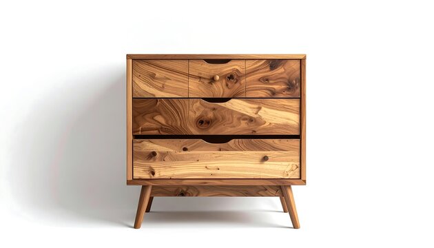 A wooden dresser with three drawers and angled legs on a white background