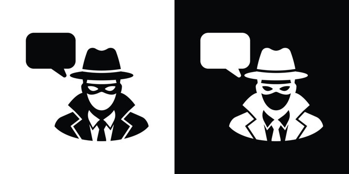 Spy agent hacker avatar with a blank speech bubble. Online communication threats, phishing messages, and anonymous chat safety concept.