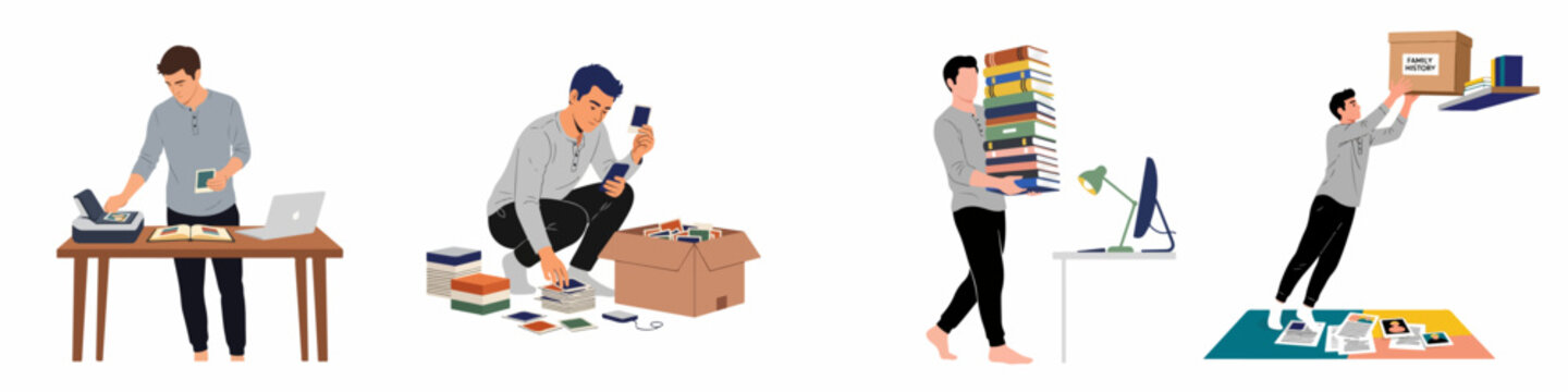 Illustration set of a man digitizing old family photos, organizing documents, and archiving family history in boxes and books.