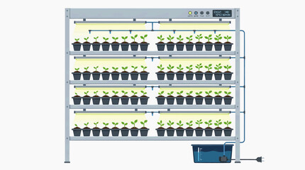 Fototapeta premium Hydroponic Garden Setup: A multi-tiered hydroponic system displays rows of healthy green plants growing in pots under artificial lights, showcasing efficient indoor cultivation.