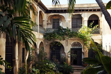 Fototapeta premium Moroccan riad courtyard featuring traditional architecture, archways, and vibrant green plants
