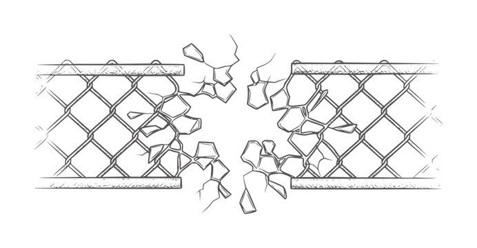 Broken chain link fence with jagged hole in center