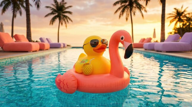 Rubber ducky enjoying a tropical cocktail on a flamingo float at sunset