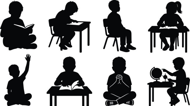 Collection of school children silhouettes studying reading books and sitting at desks isolated on white background.