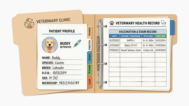 Veterinary Clinic Records: A comprehensive veterinary patient profile and vaccination record folder, detailing a canine's health information.
