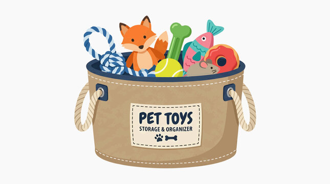 Basket of Pet Toys: A charming basket overflows with a variety of colorful pet toys, including a stuffed fox, rope toy, tennis ball, fish, and donut, perfect for playtime and storage.