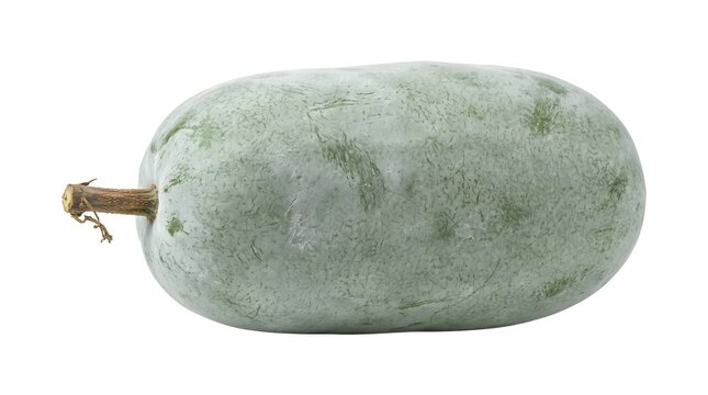 Fresh winter melon on white background, whole wax gourd with waxy green skin, organic ash gourd for healthy cooking and asian cuisine