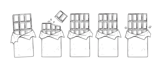 Fototapeta premium Five line chocolate bars in wrappers showing different stages of being eaten food