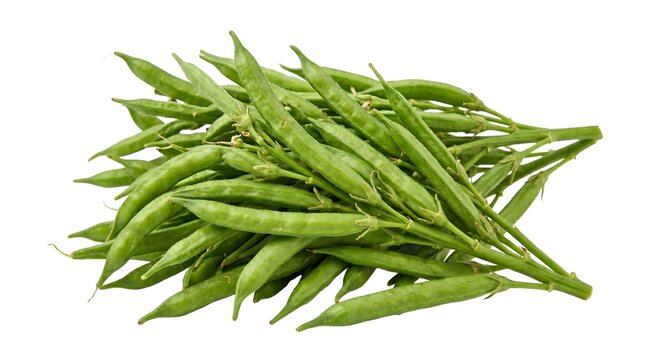 Fresh cluster beans on white background, organic green guar beans pile, raw vegetable legumes for healthy cooking and culinary recipes