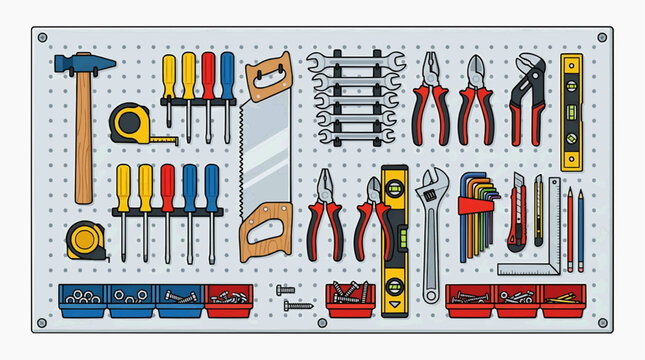 Workshop Organizer: A meticulously organized pegboard displays a comprehensive collection of tools, including hammers, screwdrivers, wrenches, pliers, and saws, ready for any project.