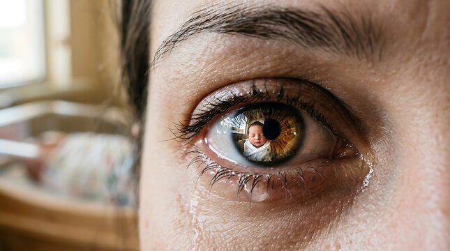Eye of a weeping mother reflects her newborn baby lying in a wooden bathtub during an emotional moment of care and bonding.