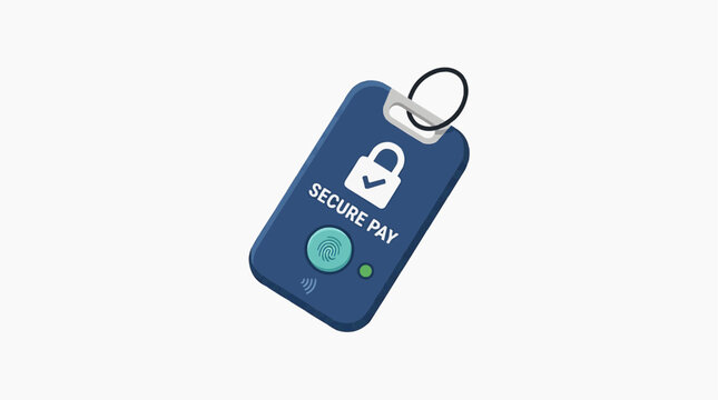 Secure Payment Keychain: A modern, blue keychain with a padlock icon and SECURE PAY text, symbolizing digital security and safe transactions. It features a keyring and a teal button.