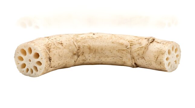 Fresh lotus root on white background, raw organic nelumbo nucifera rhizome, whole edible aquatic plant root for asian cooking and healthy diet