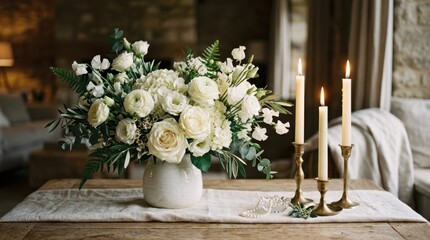 Fototapeta premium Elegant white flower arrangement with candles in a cozy setting