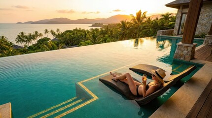 Obraz premium Woman relaxing in infinity pool at sunset with tropical island view