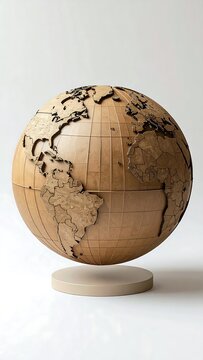 A wooden globe model with detailed continent outlines on a stand