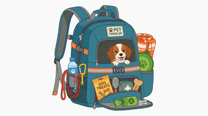 Fototapeta premium Adventure Ready: A canine companion peeks out from a travel backpack fully stocked with essentials for a pet-friendly getaway, ready for exploration.
