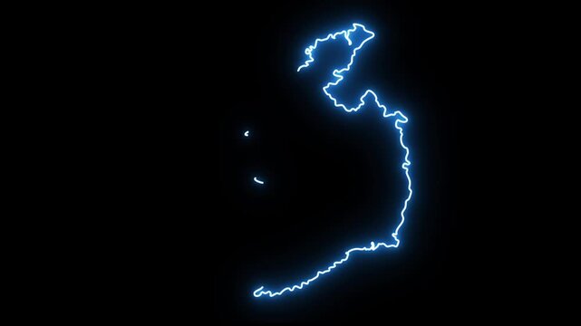 Glowing blue neon electric lightning animation outlining the map of Ireland on a dark black background creating a vibrant digital cartography effect with energy sparks and modern technology style