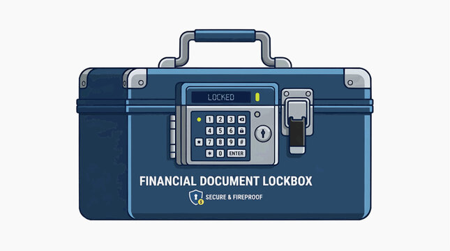 Secure Document Lockbox: A sturdy blue lockbox designed for financial documents, featuring a digital keypad and secure latch, promising safety and protection.