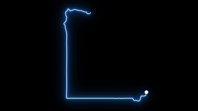 Glowing blue neon light line drawing the geographical outline map of Egypt country on a black background in a modern tech digital art animation showcasing futuristic electronic tech style