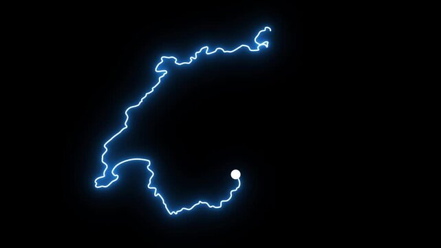 Glowing blue neon electric light line tracing the geographic border outline of Switzerland country map over a dark black background with a bright animated glowing white dot leading the way