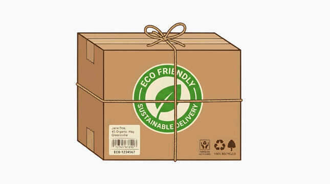 Eco-friendly package with sustainable delivery symbol: A cardboard box is tied with twine and features an Eco Friendly Sustainable Delivery sticker, indicating responsible shipping practices.
