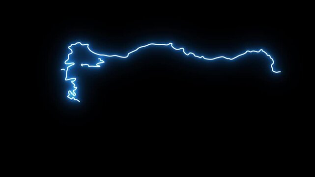 Glowing neon blue lightning outline of Turkey map drawing itself on a solid black background creating a vibrant electric border animation for travel and national themes with high contrast