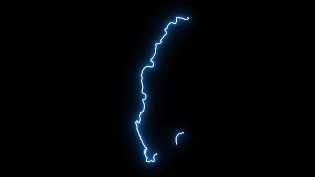 Glowing blue neon light outlines the geographical map of Sweden on a completely black background showing a progressive drawing animation of the Scandinavian country border in a modern digital style