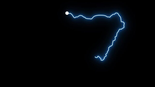 Glowing blue neon electric light traces the complete geographical map outline of Nigeria with a bright shining white dot moving smoothly on a dark black background in this modern digital animation