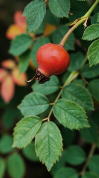 Red Rugosa rose hip hangs on branch with green leaves. Water drops on smooth round fruit. Wild plant grows in Cumbria England. Autumn season nature close-up.
