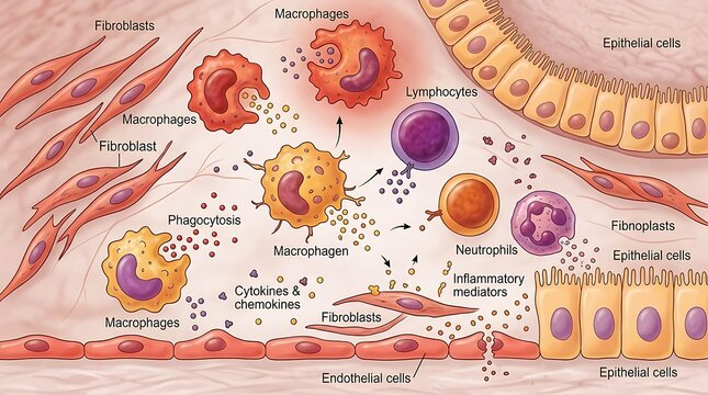 Microscopic view of blood cells and bacteria illustration.