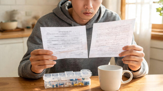 Man reading prescription papers with pill organizer, medication management, daily dosage planning, health report review, home healthcare routine, patient self care