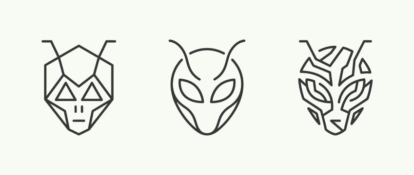Three geometric stylized insect head line art designs on white background