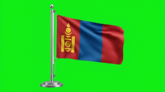Mongolia National Flag Waving on Desk Pole Stand Against Green Screen Background for Global Projects