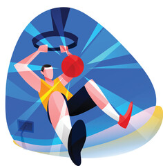 Basketball championship action illustration featuring athlete dunking ball into net, modern flat vector sports design with energy burst background and competitive game theme © AKS Studio