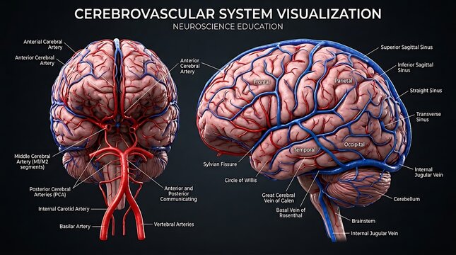 Cerebrovascular system brain anatomy medical visualization.