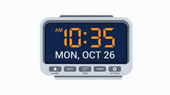 Digital Alarm Clock Display: A modern digital alarm clock shows the time as 10:35 AM on Monday, October 26, with additional functions like alarm, date, temperature, timer, and settings displayed.