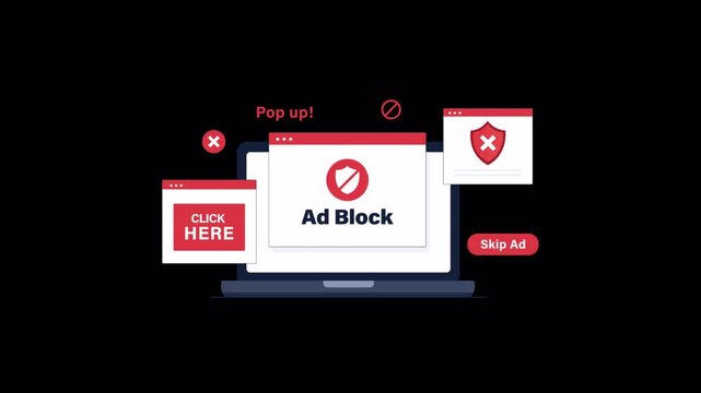 Animated Laptop with Blocked Ads and Warnings. Online Privacy, and Secure Browsing Concept Video - Transparent