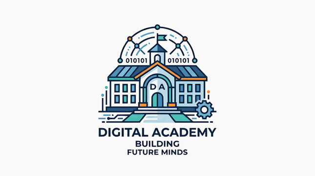 Digital Academy Logo: An innovative logo design for a digital academy, featuring a stylized school building with digital binary code elements and network connections.