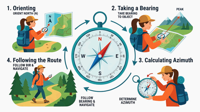 How to Use a Compass and Map for Navigation: A step-by-step visual guide illustrating the process of orienting a map, taking a bearing, calculating azimuth.