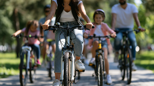 Happy family cycling together in a park with parents and children riding bicycles, promoting active lifestyle, outdoor recreation, fitness, family bonding and healthy living