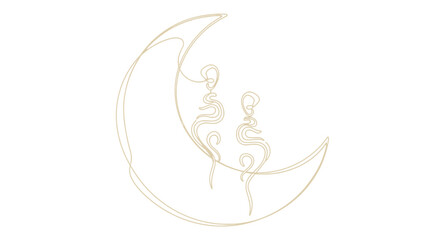 Obraz premium Couple Silhouette on Moon Line Art, Romantic Night Sky, Celestial Love, Minimalist Design
