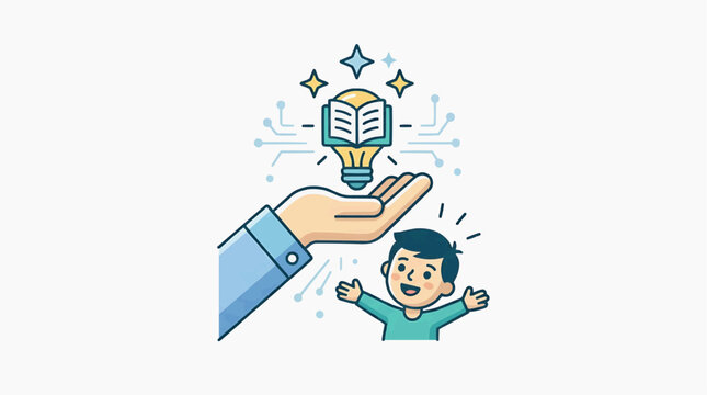Knowledge Transfer: An illustration depicts a guiding hand presenting a glowing book-shaped lightbulb to an eager child, symbolizing the transfer of knowledge and the spark of innovation.