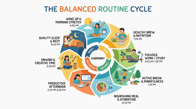 The Balanced Routine Cycle Infographic: An illustrative circular diagram detailing the key elements of a balanced daily routine.