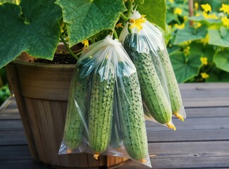 Fototapeta premium Fresh cucumbers grow in plastic bags to protect them from pests. They hang from a plant in a wooden planter. This shows healthy garden produce in summer.