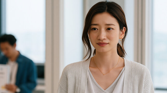 New employee of East Asian descent overhears a comment about her accent from colleagues in a shared kitchen, her expression caught between composure and pain, a performance award