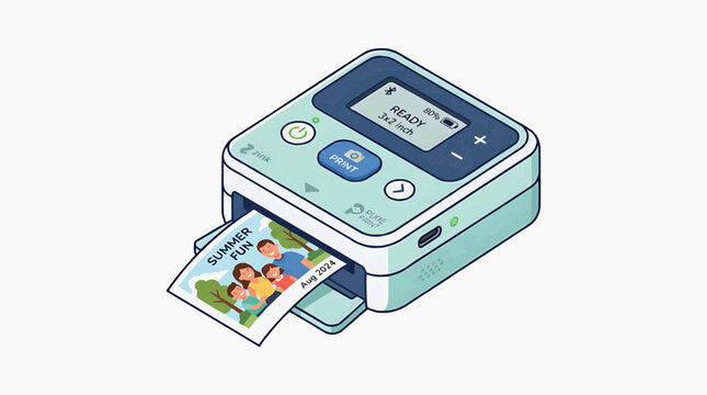 Portable Printer Printing Family Photo: A compact and modern portable printer is actively printing a vibrant color photograph of a happy family on a sunny day.