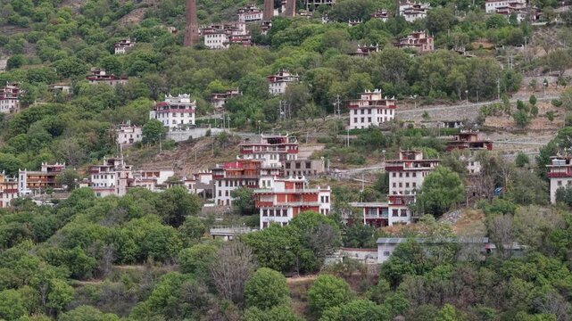 Drone footage of Suopo Ancient Watchtowers and traditional Tibetan village in Danba, Sichuan