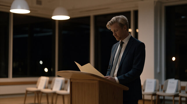 Small business owner practices a pitch to bank lenders alone in an empty co-working space after hours, cue cards on the lectern, business plan binders arranged on chairs